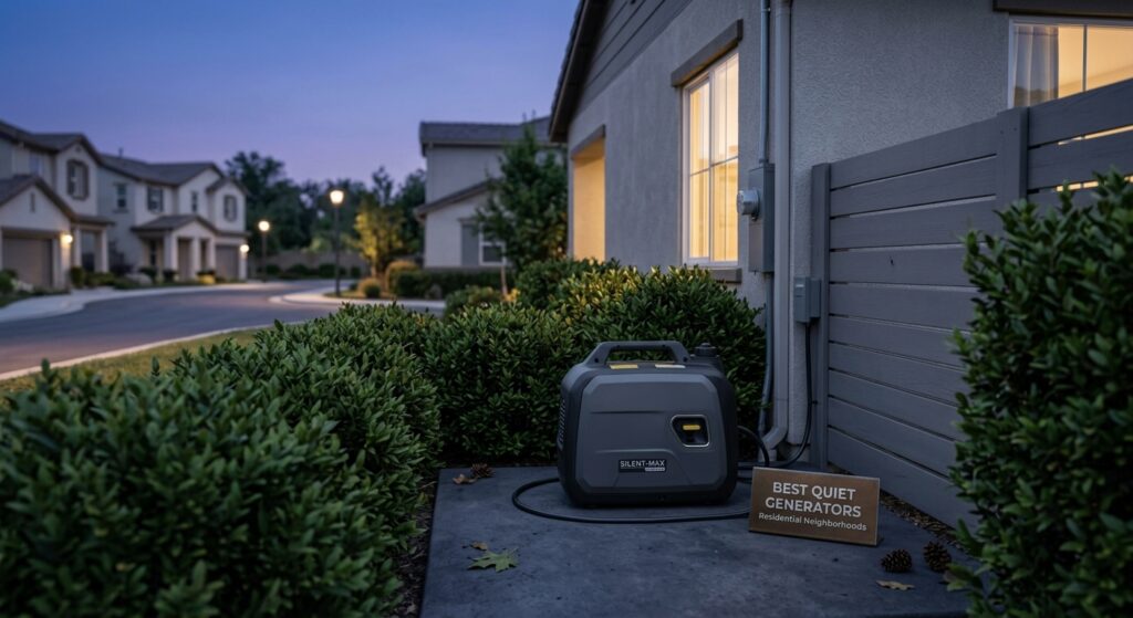 Quiet inverter generator running beside a suburban home